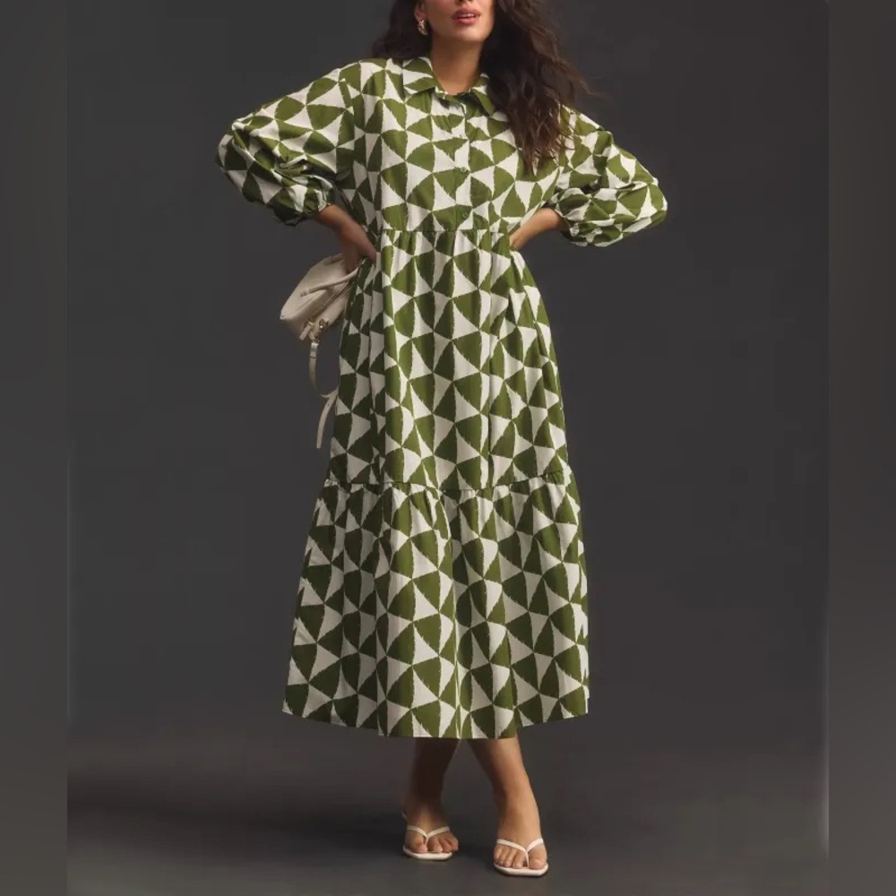 Maeve The Bettina Tiered Shirt Dress Anthropologie Size M 100% Cotton Green